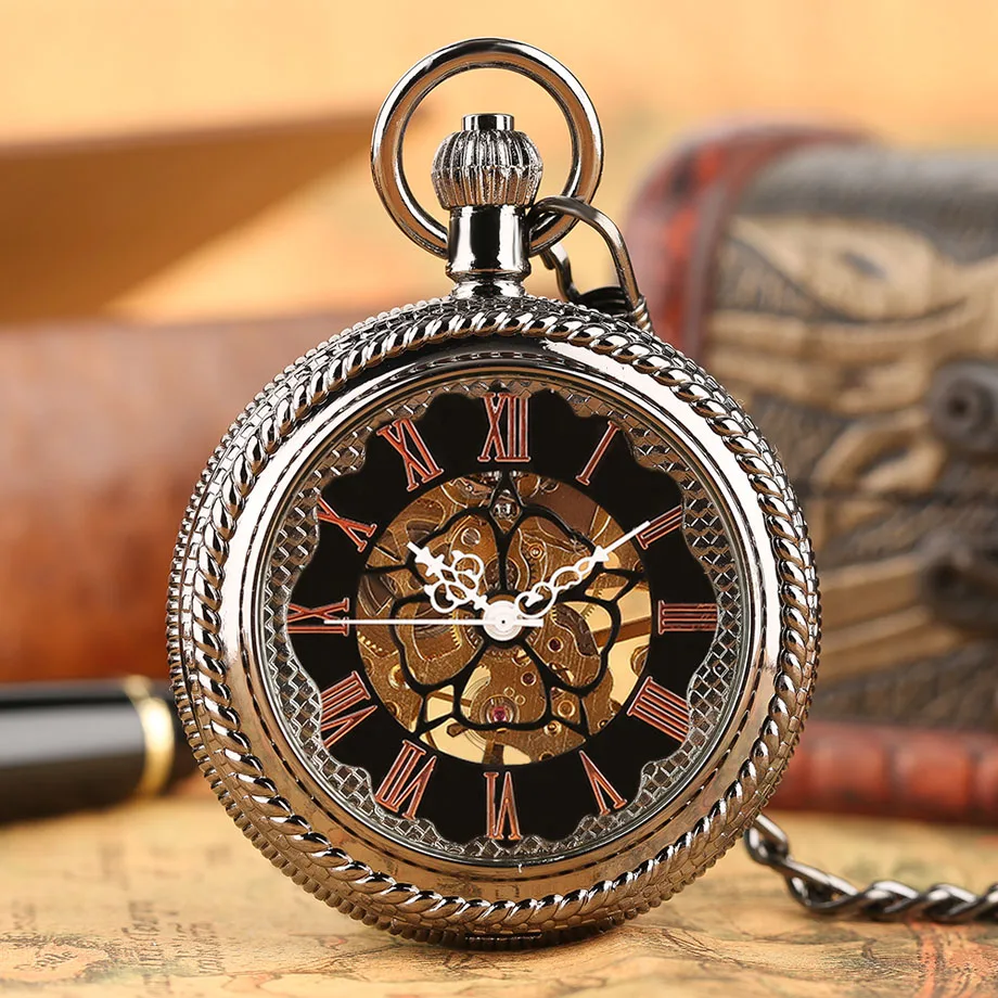 Vintage Sliver Case Hand Winding Mechanical Steampunk Gold Skeleton Rome Number Poket Watch Momen Crude Chain Clock Luxury Gift  (7)