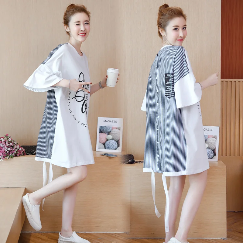 

Maternity Dress summer Loose Striped Patchwork Flare Sleeve Round Collar Stylish Dress for Pregnant Women Mom Dress