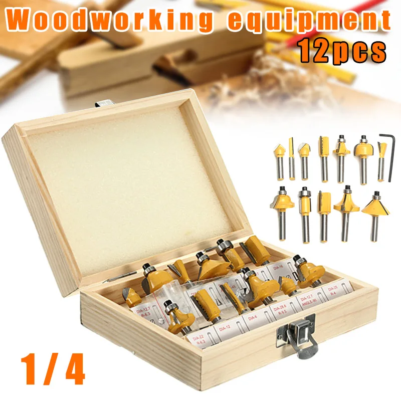 

12 Pcs 1/4 Inch Professional Shank Tungsten Carbide Router Bit Set with Wood Case Dropshipping