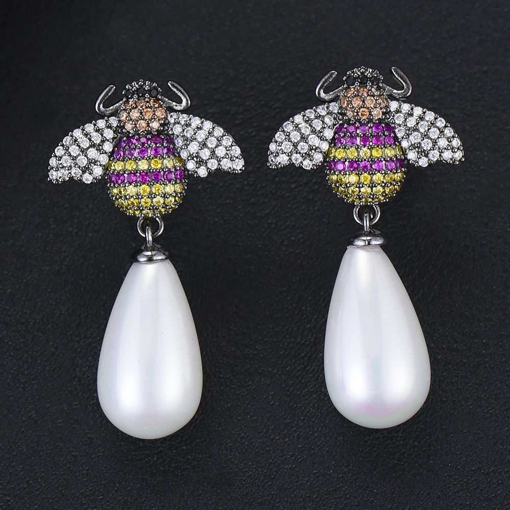

GODKI Luxury Insect Imitation Pearl Earrings For Women Wedding Cubic Zircon CZ Dubai Bridal Earrings Trendy Jewelry 2019