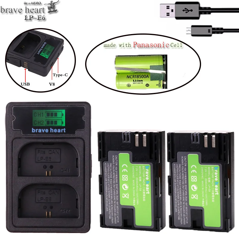 

2040mah LPE6 LP-E6 LP-E6N LP E6 E6N Battery made with Panasonic Cell + LCD USB Charger for Canon EOS 5D Mark II III 7D 60D 6D