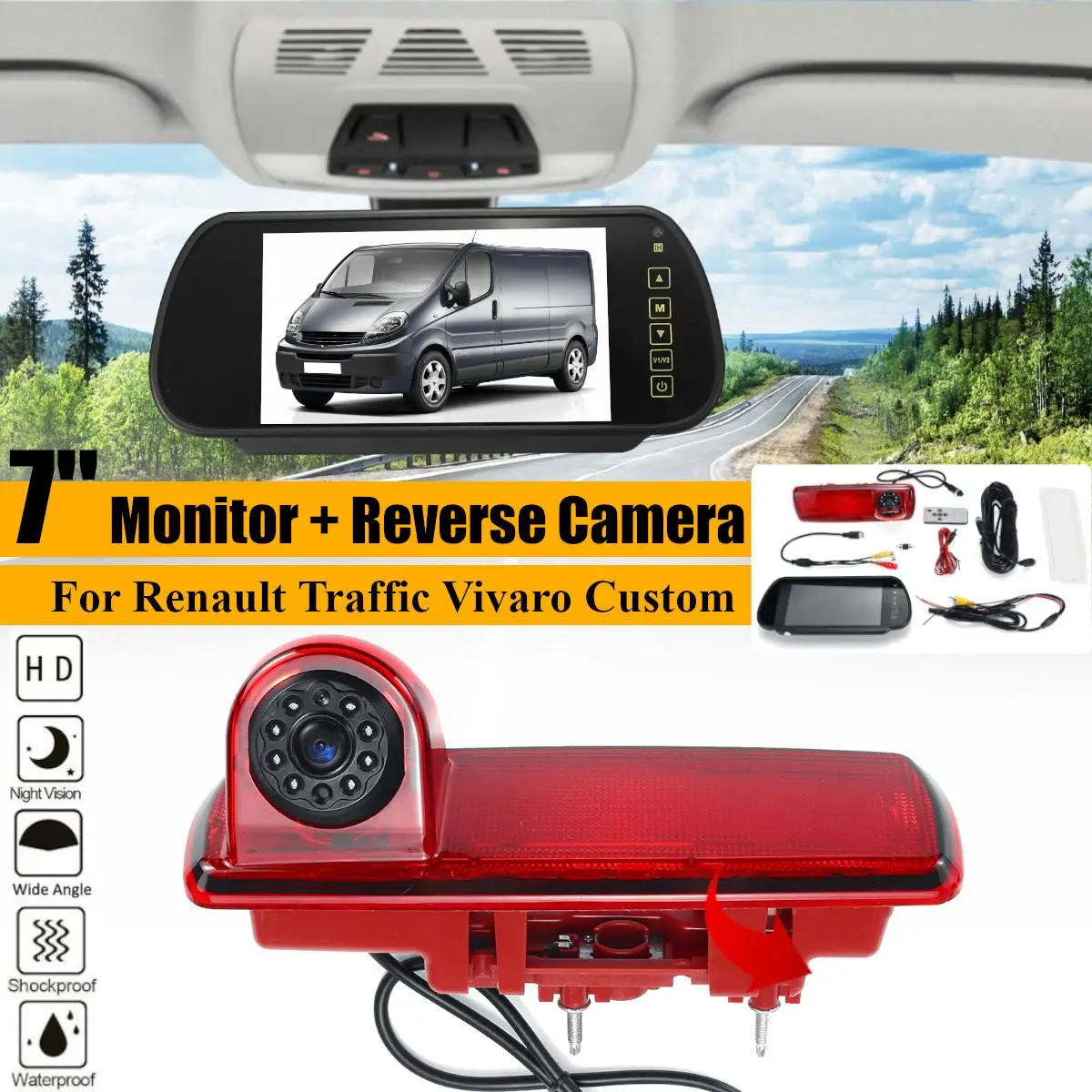 

7" inch TFT LCD Wide Screen Mirror Monitor + Rear View Backup Parking Reverse Camera Brake Light Night Vision For Renault