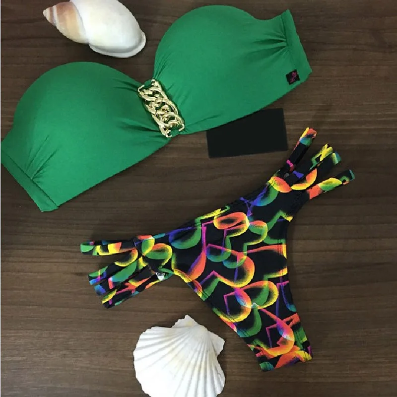 

2016 New Fashion Green Chain Decoration Bikini Swimsuit Split Women's Beachwear Swimwear Sexy Swimsuit 01