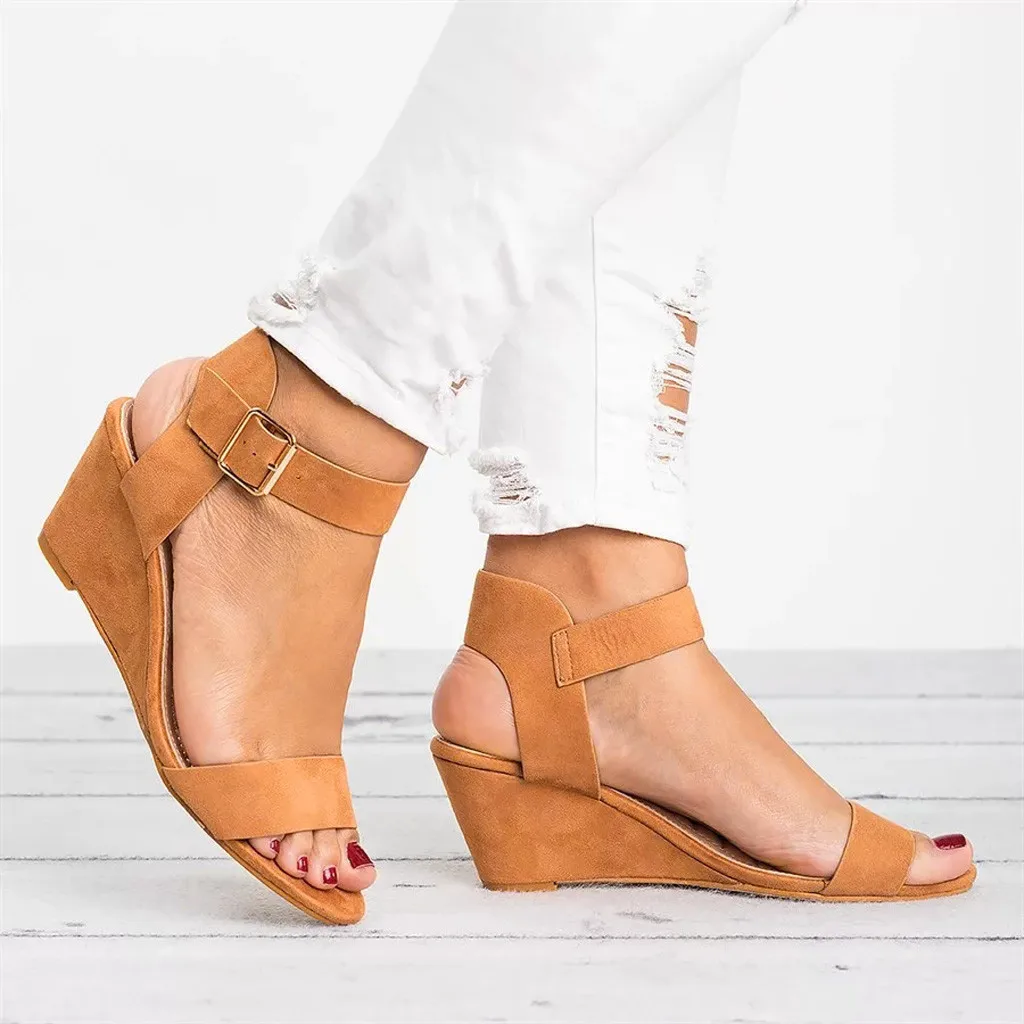 

Women's Ladies Fashion Solid Wedges Heel Buckle Strap Roman Shoes Sandals