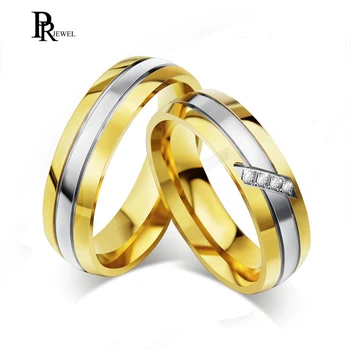 

Customized Free Engraving Gold Tone Stainless Steel CZ Couple Ring for Valentine Lover Engagement Promise Wedding Band
