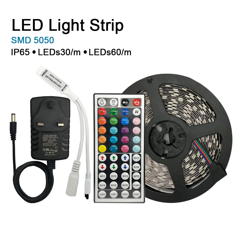 #Best 5M 5050 Led Light Strip 5050 DC 12V RGB Waterproof RGB Light Strip 44 Key IR Remote AU US UK EU Power Supply Adapter