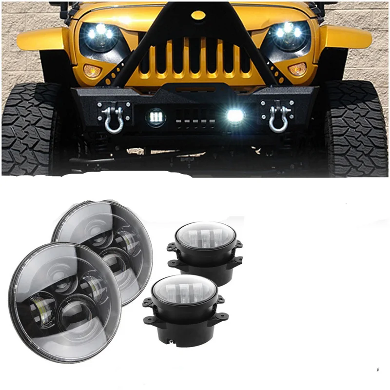 For Jeep Wrangler JK LJ JKU TJ CJ Sahara Rubicon Freedom 7 inch LED Headlights DOT 4 inch Fog