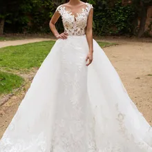 Иллюзия сзади отвесная Шея Израиль Русалка свадебное платье Съемный Поезд 2 в 1 дизайн невесты платье Свадебные платья W0326