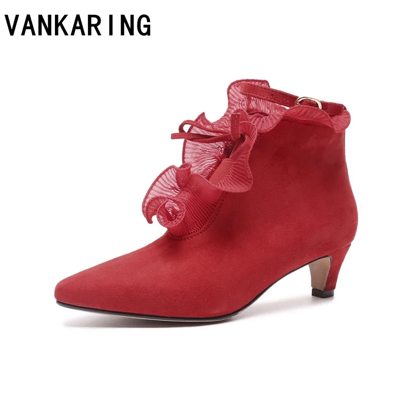

VANKARING 2018 new autumn winter red suede leather rubber non-slip sole fashion genuine leather stilettos ankle boots for women