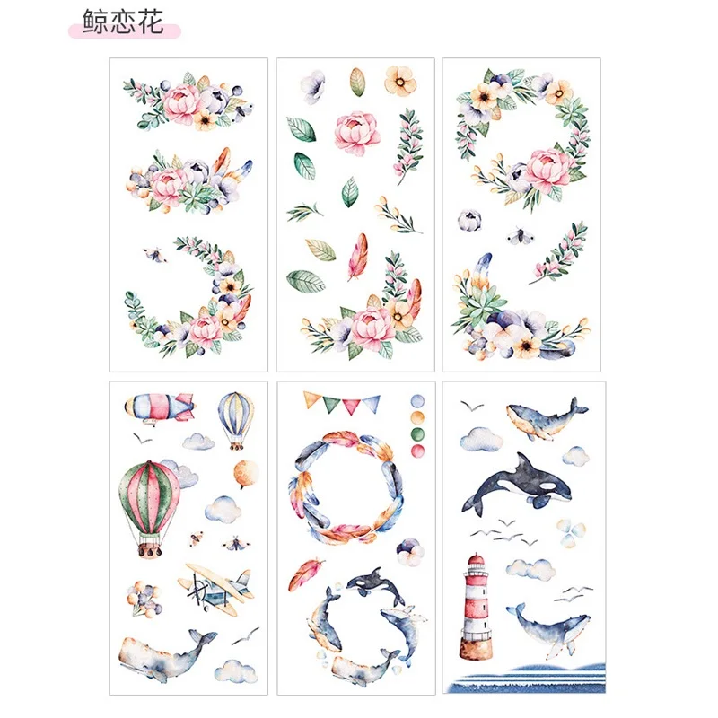 

6Sheets/Pack Cute Whale And Flower Paper Decoration Scrapbooking Sticker Transparent PVC Stationery Diary Stickers