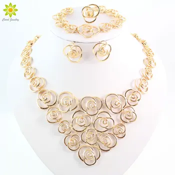 

New Arrival Trend African Classic Women Jewelry Gold Color Necklace Earrings Bracelet Ring Set Wedding Flower Style Jewelry Set