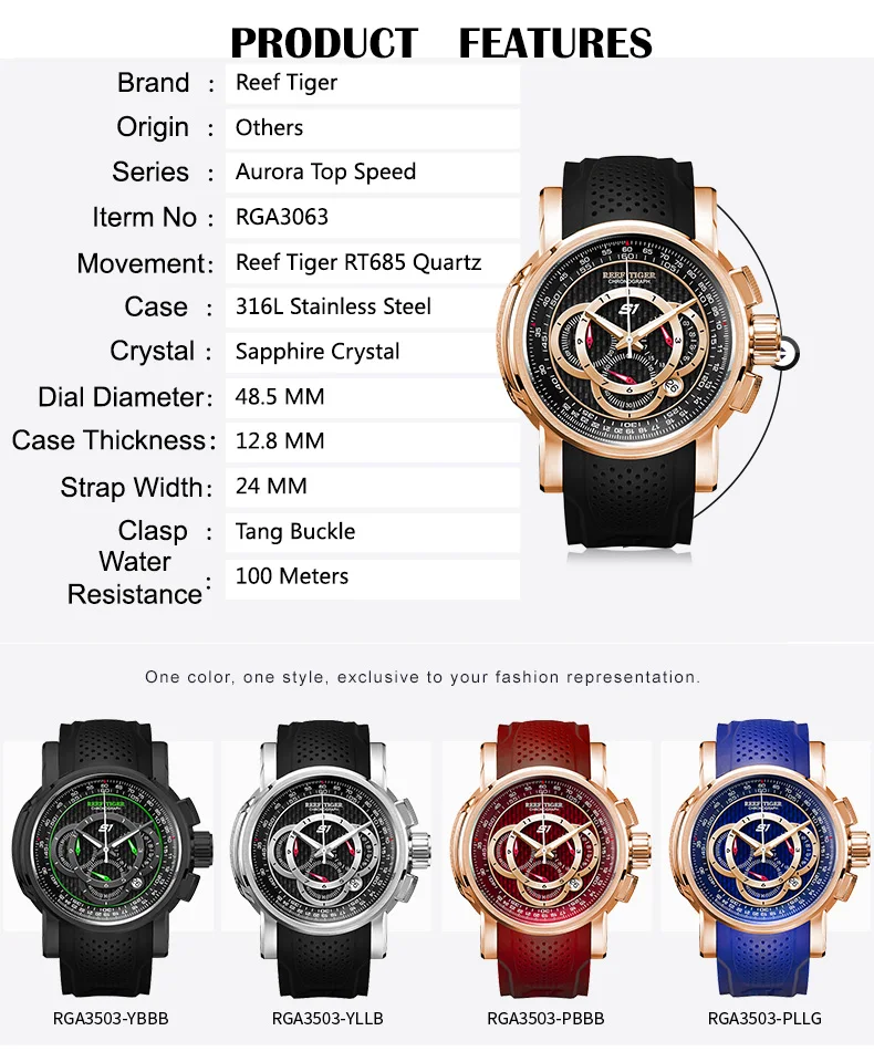 Reef Tiger/RT Брендовые спортивные часы Reloj Mujer Мужские кварцевые хронограф водонепроницаемые часы мужские Relogio Masculino RGA3063