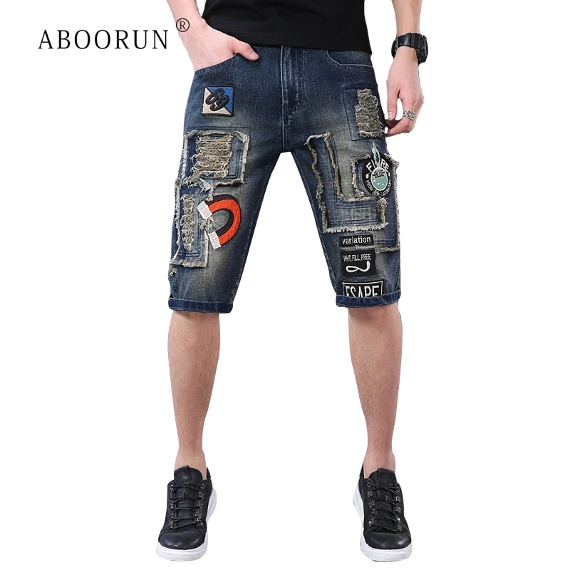

Ripped Jeans Shorts Men Embroidery Patch Streetwear Denim Shorts Summer Casual Stretch Slimfit Short Jeans Pants Distressed Male