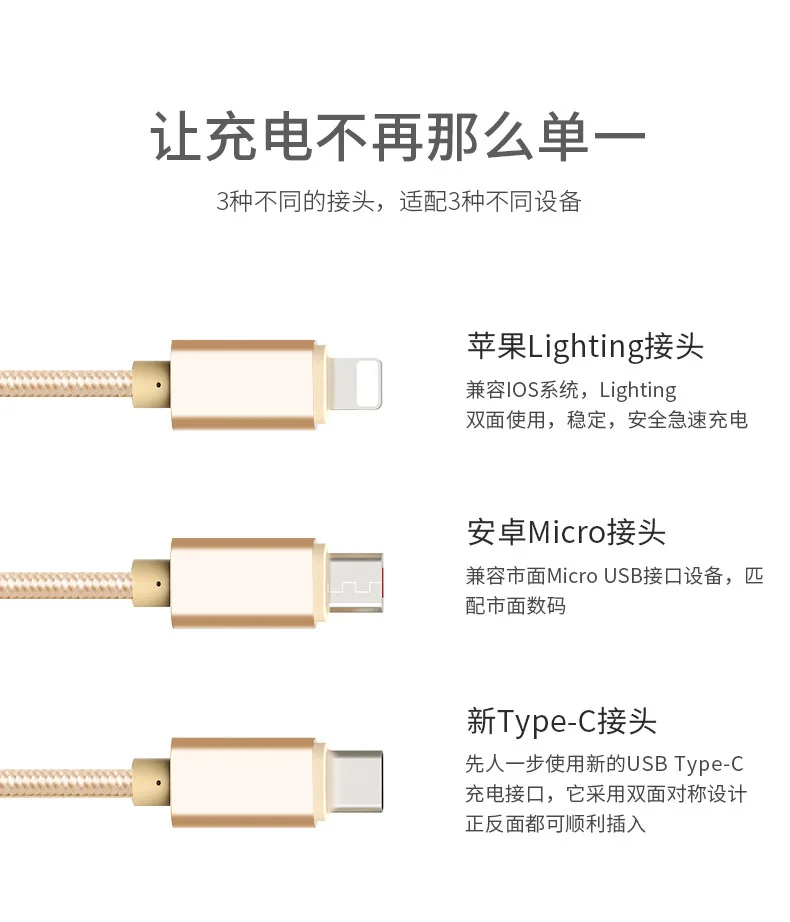 Три многофункциональных приложения для Android type-C зарядный кабель три в одном нейлоновый тканый кабель для передачи данных