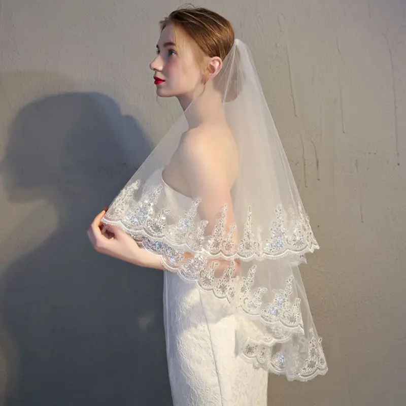 

Womens Double Layer Fingertip Length Wedding Veil Glitter Sequins Floral Lace Scalloped Trim 2 Tier Photo Bridal Veil With Comb