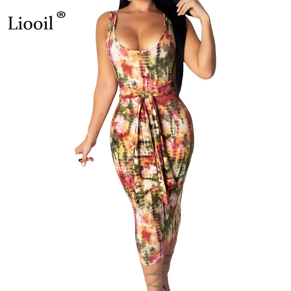 Liooil Tie Dye Midi платье Сексуальная Клубная одежда летняя одежда для женщин Новое поступление плюс размер облегающие платья женские вечерние ночные