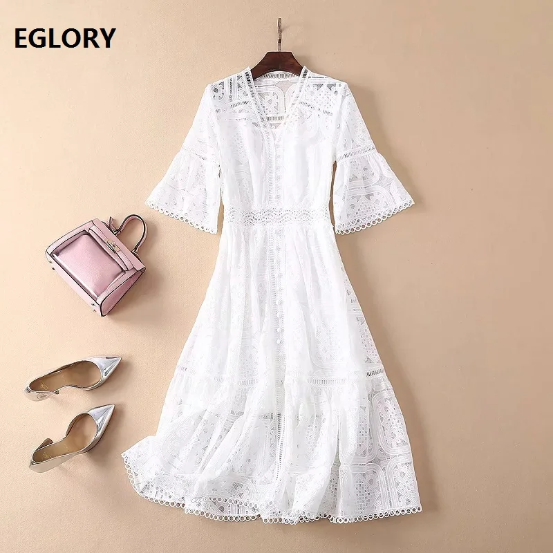 Women's Clothing Dresses 2019 Summer Fashion White Dress Ladies V-Neck Tunic Buttons Short Sleeve Hollow Out Embroidery Dress