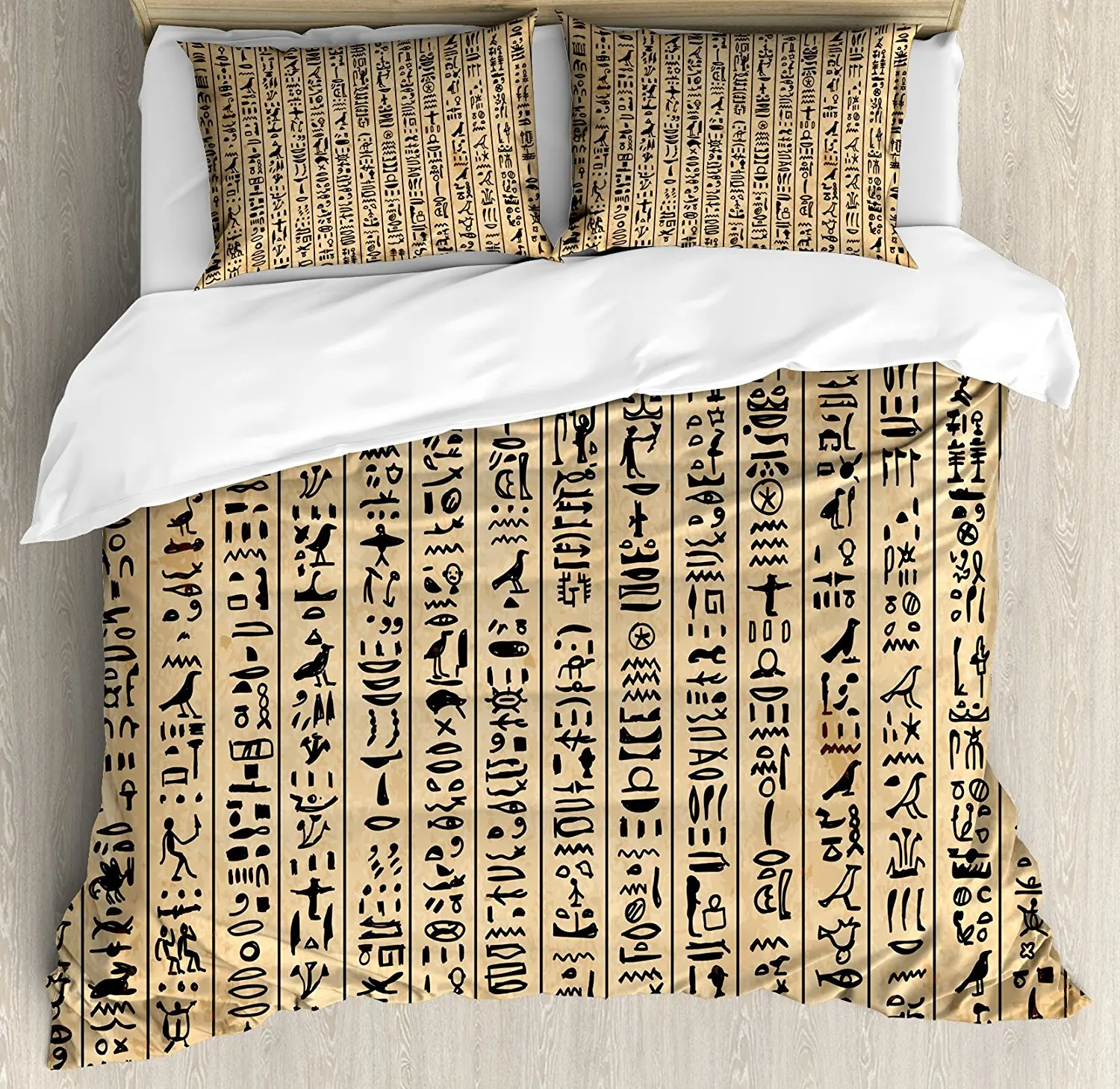 Egyptian Duvet Cover Set Ancient Hieroglyphs Grunge Pattern on Stripes