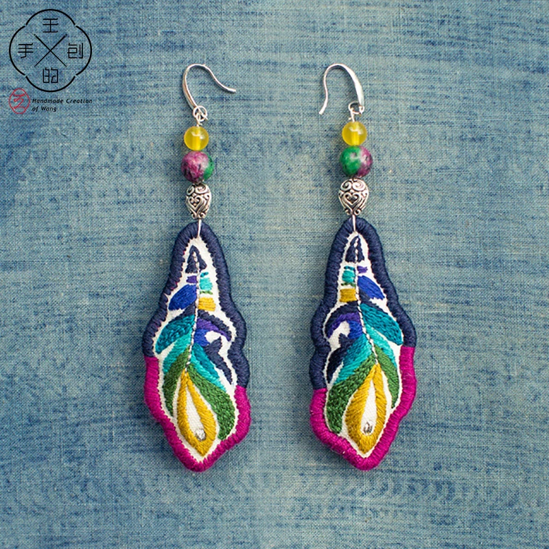 

1Pair Original Hand-embroidered Earring Cartoon Feather Long Earrings Literary Chinese Style Decor Handicrafts Girl Earrings