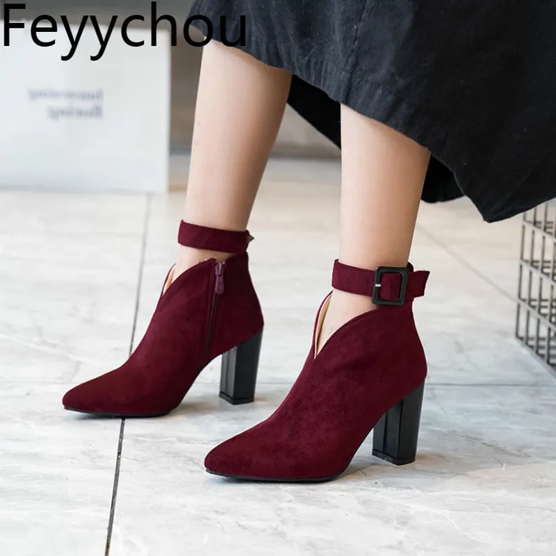 

Women Boots Autumn Winter High Heel Warm Flock Pointed Toe Zip Ankle Buckle Chelsea Shoes Wild 2019 Sexy Fashion Casual Black