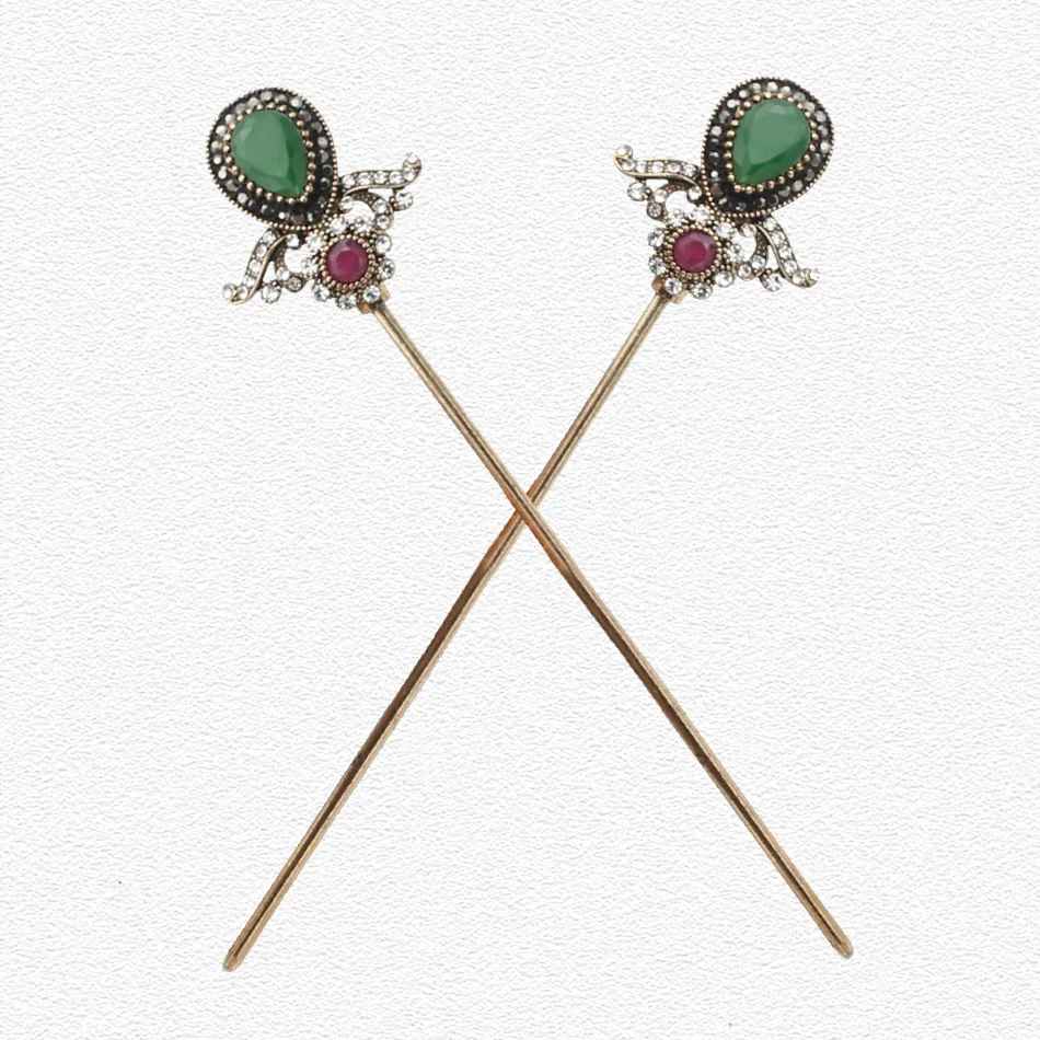 

Vintage Turkish Women Flower Hair Sticks Arabia Resin Hairpin Jewelry Antique Gold Color India Bride Comb Tight Updo Hair Clasp