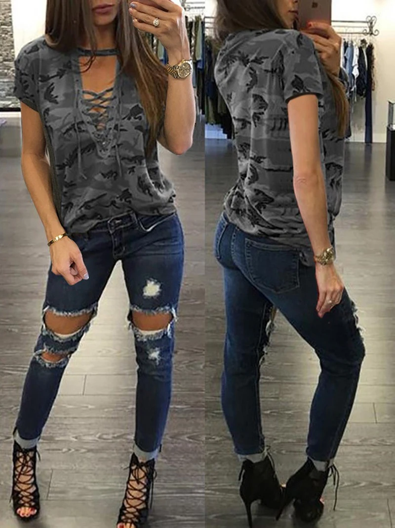 Fashion Summer Women Camouflage Loose T Shirt  Short Sleeve Casual Ladies Tops Summer Bandage Hollow Out T-Shirt Tops tees