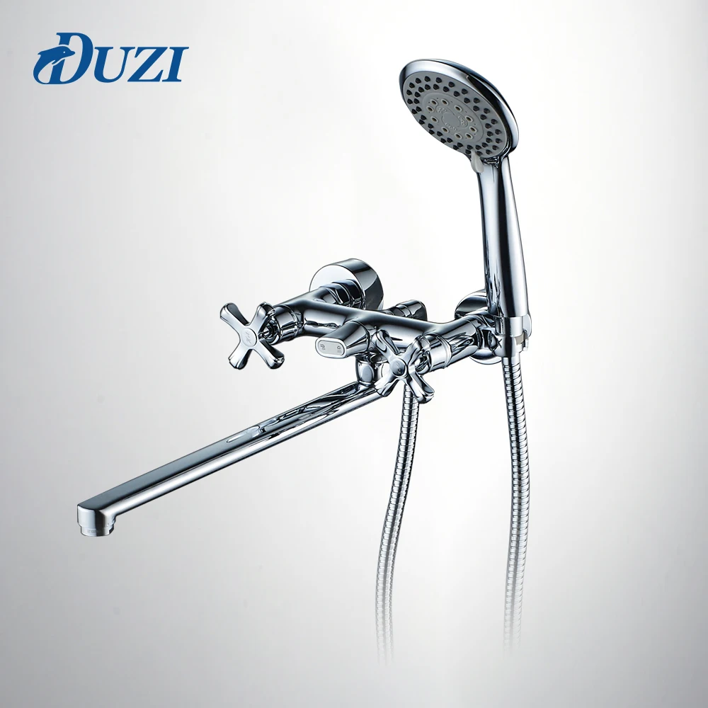 DUZI Solid Brass Long Spout Wall Mounted Bathroom Shower Faucet Bath Faucet Mixer Tap With Hand
