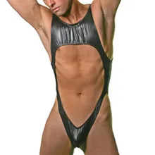 Искусственная кожа Комбинезоны Черный стрейч сексуальное облегающее Эротическое кожаное Бандажное белье с большим отверстием спереди мужские боди