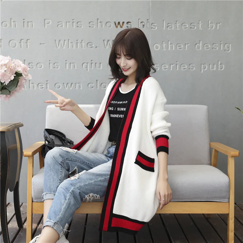Rurouisbeir Women Cardigan 2019 Fashion Women's Sweaters Long Contrast Color Pocket Loose Female |