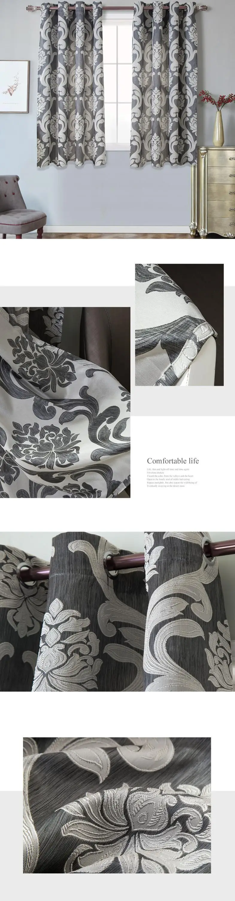 LOZUJOJU Luxury European Floral Jacquard Curtains Bedroom Windows Drapes Short Drops Grommet top Ready Made Semi Shade Thick   (3)