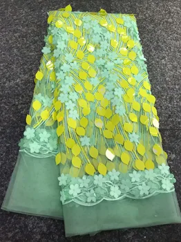 

(5yards/pc) high quality emerald green yellow African French net lace fabric with sequins and wonderful embroidery for party