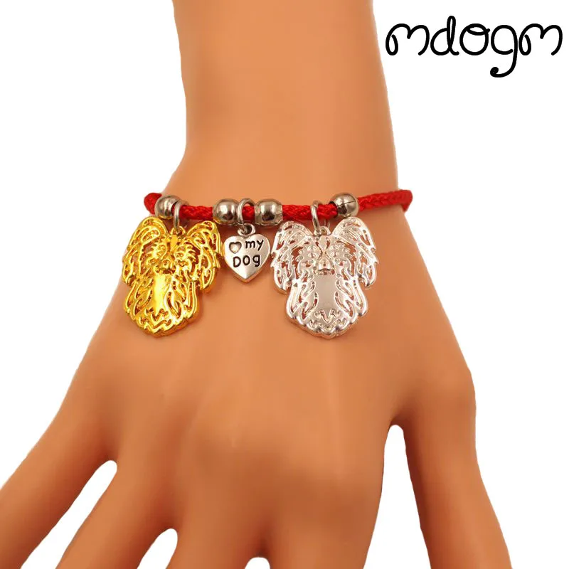 

Papillon Dog Animal Charm Bracelet For Women Men Couple Love Rope Male Female Pearl Red Heart Black Girls jewelry Cute Gift