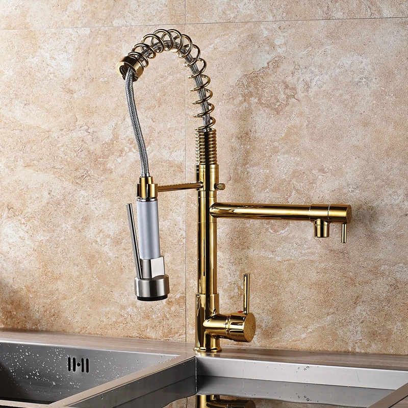 

Gold-plated Single Lever Kitchen Mixer Pull Down Brushed Nickle Sprayer Head Kitchen Sink Mixer Faucet Hot and Cold Water