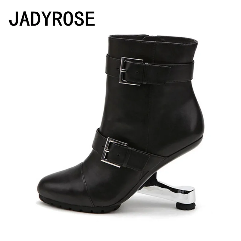 

New 2018 Women Round Toe Ankle Boots Double Buckle Winter Chelsea Booties 8cm Metal Strange High Heels Botines Mujer Ladies Bota