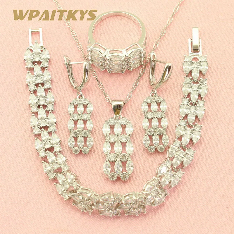 

Exquisite White Cubic Zirconia Silver Jewelry Sets For Women Wedding Earring Pendant Necklace Ring Bracelet Free Jewelry Box