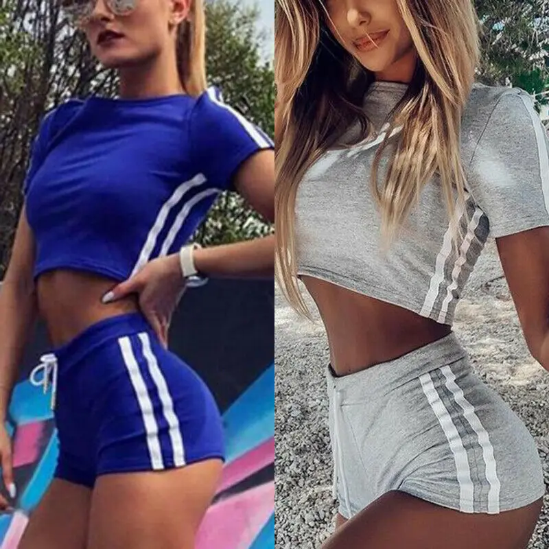 

Hot 2019 Women Sets 2Pcs Elastic Bandage Suits Tracksuit Solid O-Neck Sports Gym Run Top Shorts Ladies Fashion Casual Summer