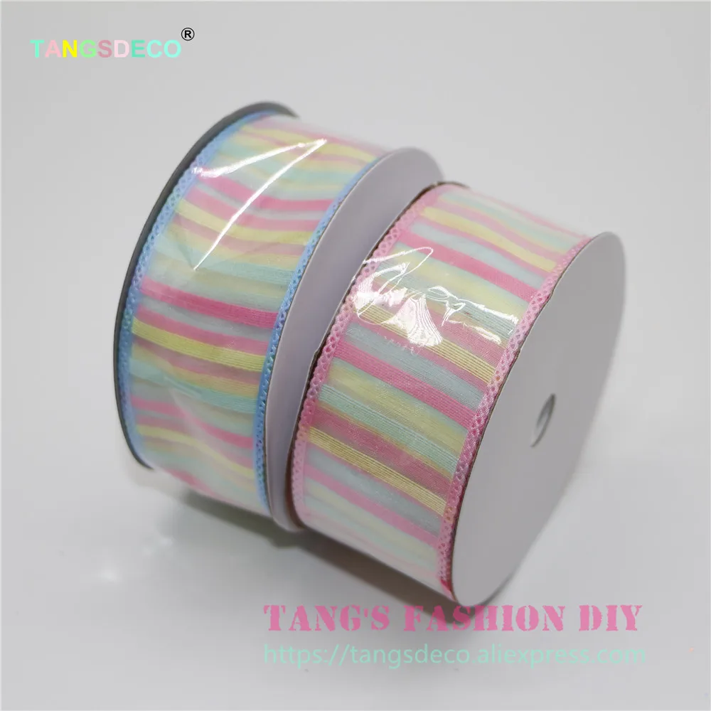 20 Yards/Roll- DIY 3.8cm width single face RAINBOW SMALL STRIPES ORGANZA ribbon