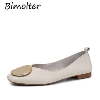 

Bimolter New Women Genuine Leather Flats Metal Buckle Pointed Toe Flat Shoes Women Loafers Leather Ladies Shoes FC163