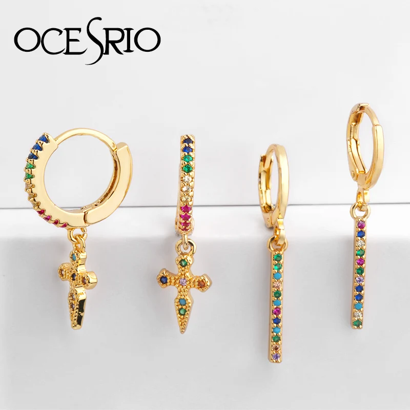 

OCESRIO 2019 mini spike punk style women earring rainbow cz delicate Gold ladies star Strip cross cone Drop earrings ers-q30