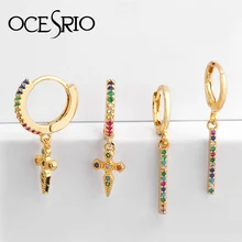 Ocesrio brinco ers-q30, mini pontas estilo punk, para mulheres, arco-íris, cz, delicado, dourado, para moças, tira de estrela, cruz, cone, brinco de gota
