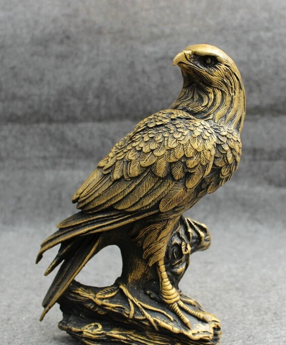 

9" Chinese Bronze Home FengShui Bird Wealth Coin Fly Eagle Statue On Tree Stub
