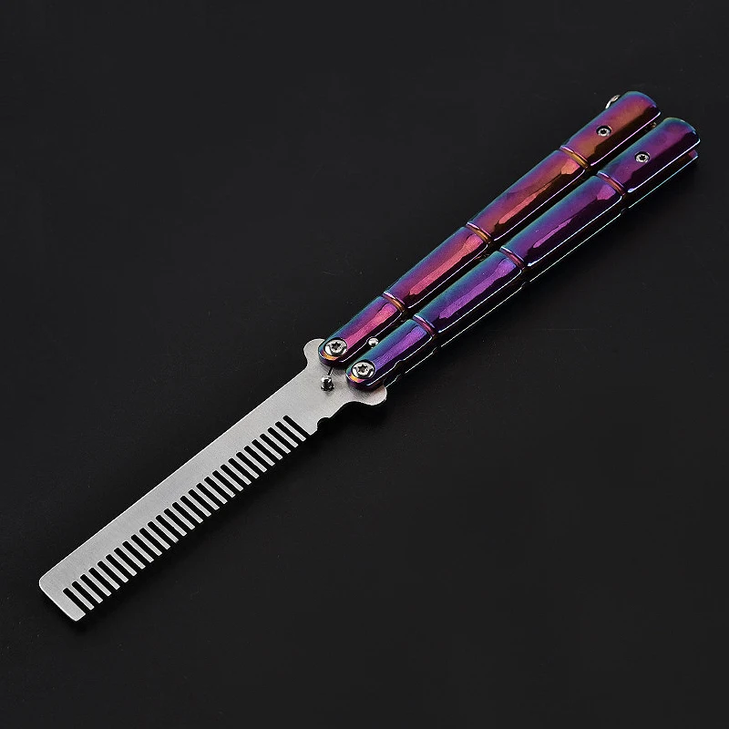 Titanium Color Training Comb Foldable Knife Butterfly Hairbrush Tangle