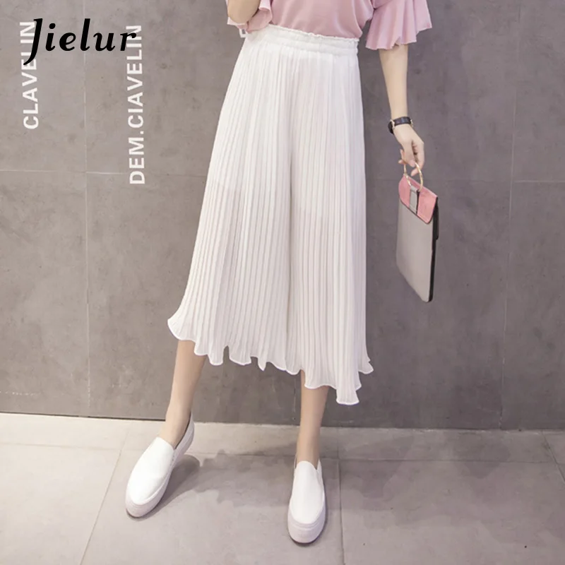 Jielur, новая мода, 8 цветов, шифоновые штаны с оборками, женские повседневные плиссированные панталоны, S-XL, свободные, чистый цвет, широкие штаны - Цвет: Белый