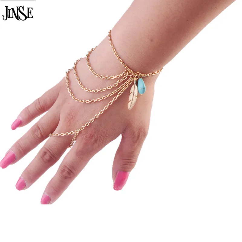 

JINSE New Fashion Leaf Natural stone Pendant Slave Bracelet Hand Chain Charm Bohemian Boho Hand Jewelry for Women HC010
