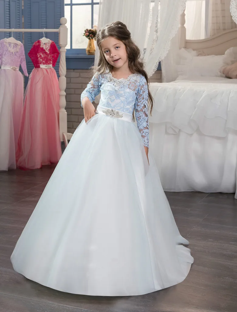 2017 Cute A-line Tulle Scoop Neck Long Sleeve Flower Girl Dresses Button up Kids Pageant Vestido de nina las flores | Свадьбы и