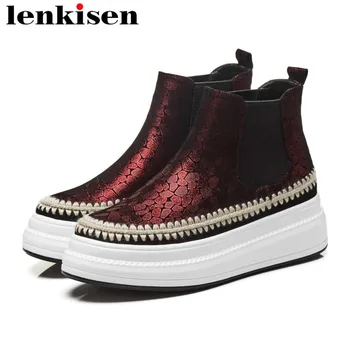 

Lenkisen genuine leather round toe straw med thick bottom waterproof slip on chelsea boots vintage young lady concise boots L38