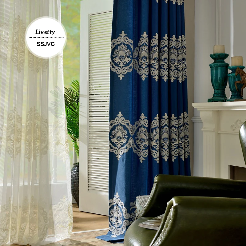 Us 13 5 46 Off European Blackout Curtains For Living Room Embroidered Roman Blinds Damask Blue Drapes For Bedroom Window Panels Kitchen Fabric In