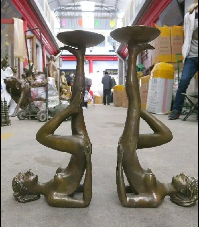 

671116523+++15" China brass carved fine woman lie supine candlestick pair Sculpture Statue