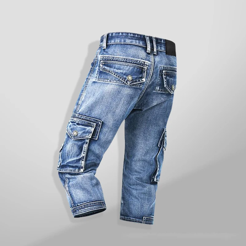 ABOORUN Summer Men's Cargo Denim Shorts Military Multi Pockets Biker Short Jeans for male x1358 2