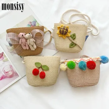 

Monsisy 2020 Children Straw Bag For Girls Rattan Handbag Kawaii Flower/Bear Kid Shoulder Bag Summer Toddler Baby Straw Beach Bag